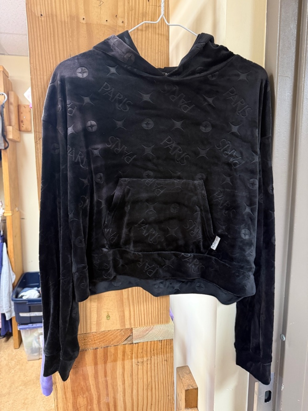Paris Hilton Black Velour Top with Silver Logo Tab